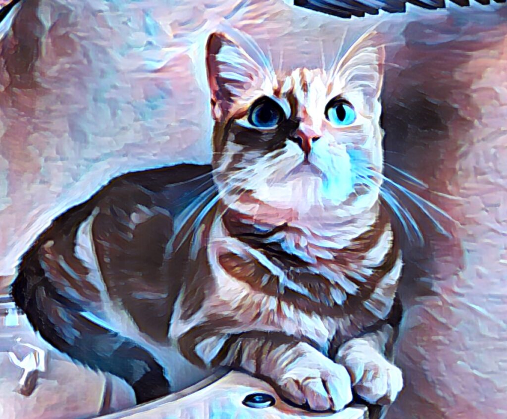 cat on tree with pastel painting-like software touches