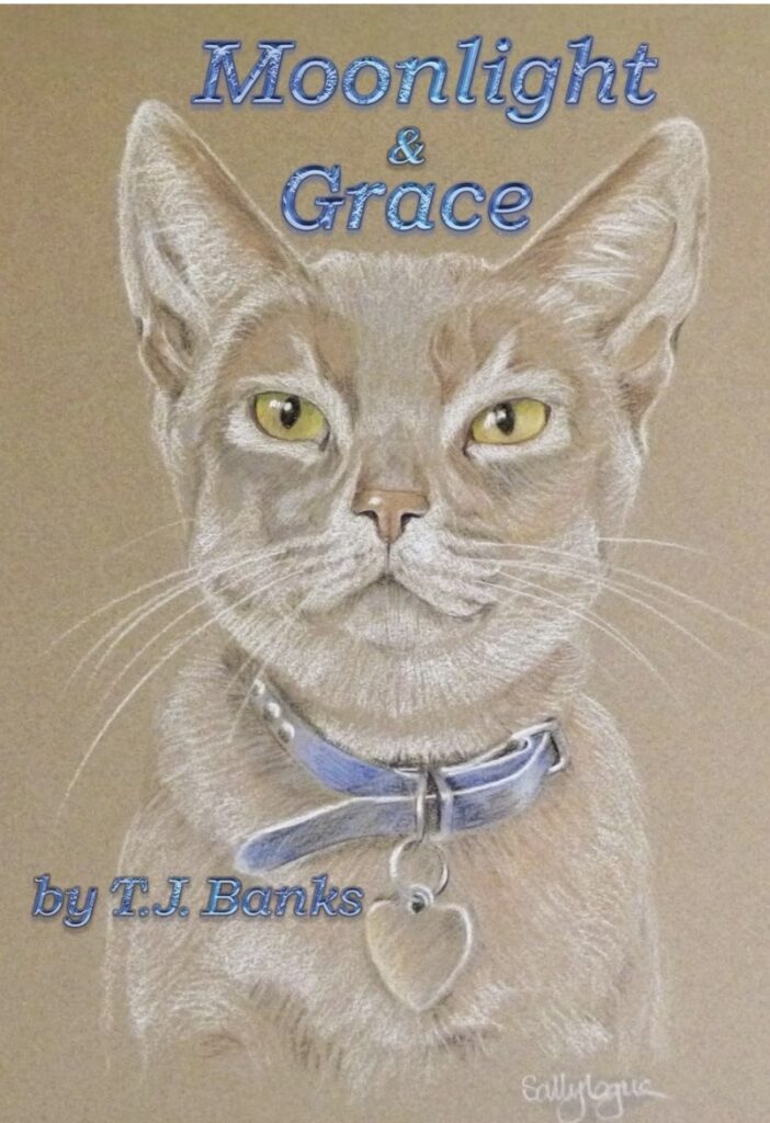image is a book cover picturing a cat with the words "Moonlight & Grace" by TJ Banks