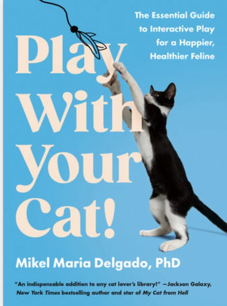 Book cover with image of cat playing that reads, "Play iwth your cat," by Mikel Maria Delgado, PhD, certified cat behavior consultant and animal behavior scientist.