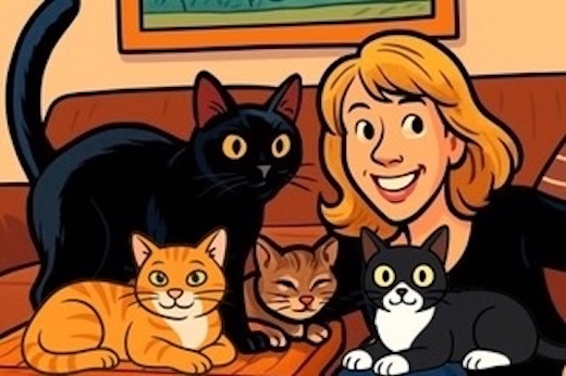 cartoon image of smiling blond woman and four cats