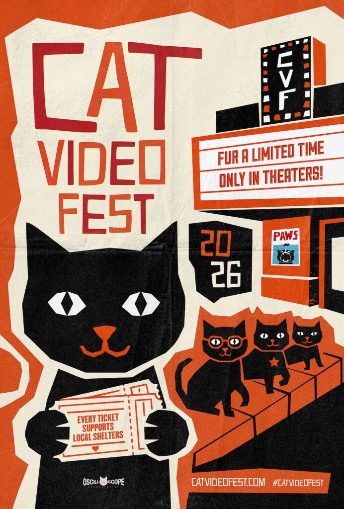 atVideoFest 2026 poster featuring a cat holding a movie ticket