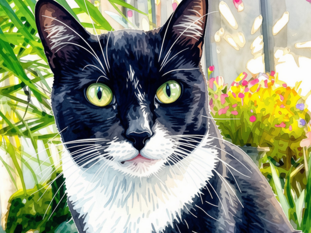 Tuxedo cat Chi outside with flowers