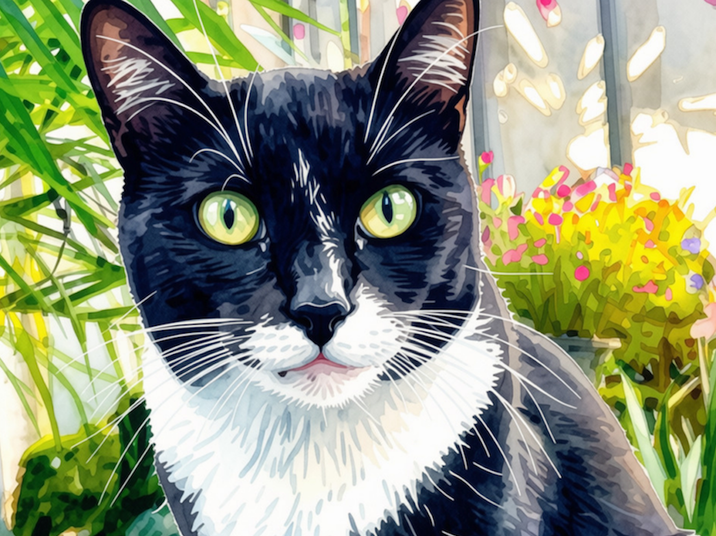 Tuxedo cat Chi outside with flowers